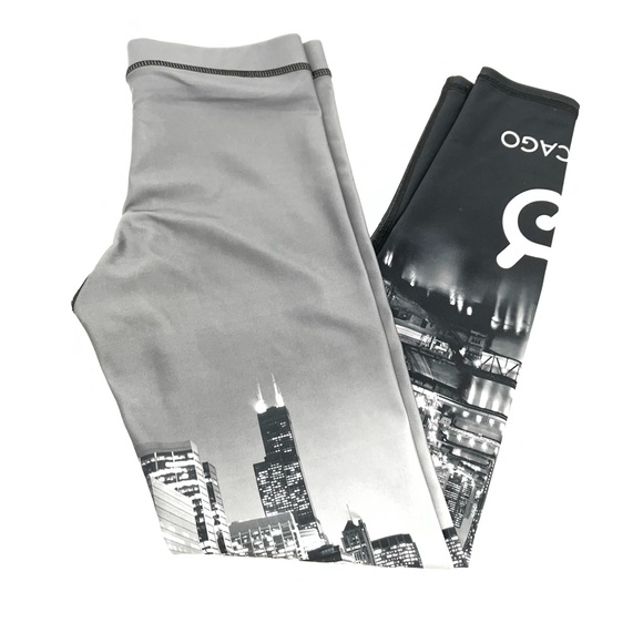 Terez Pants - Terez Peloton Chicago Black and Gray w/Chicago Cityscape Leggings-Size S